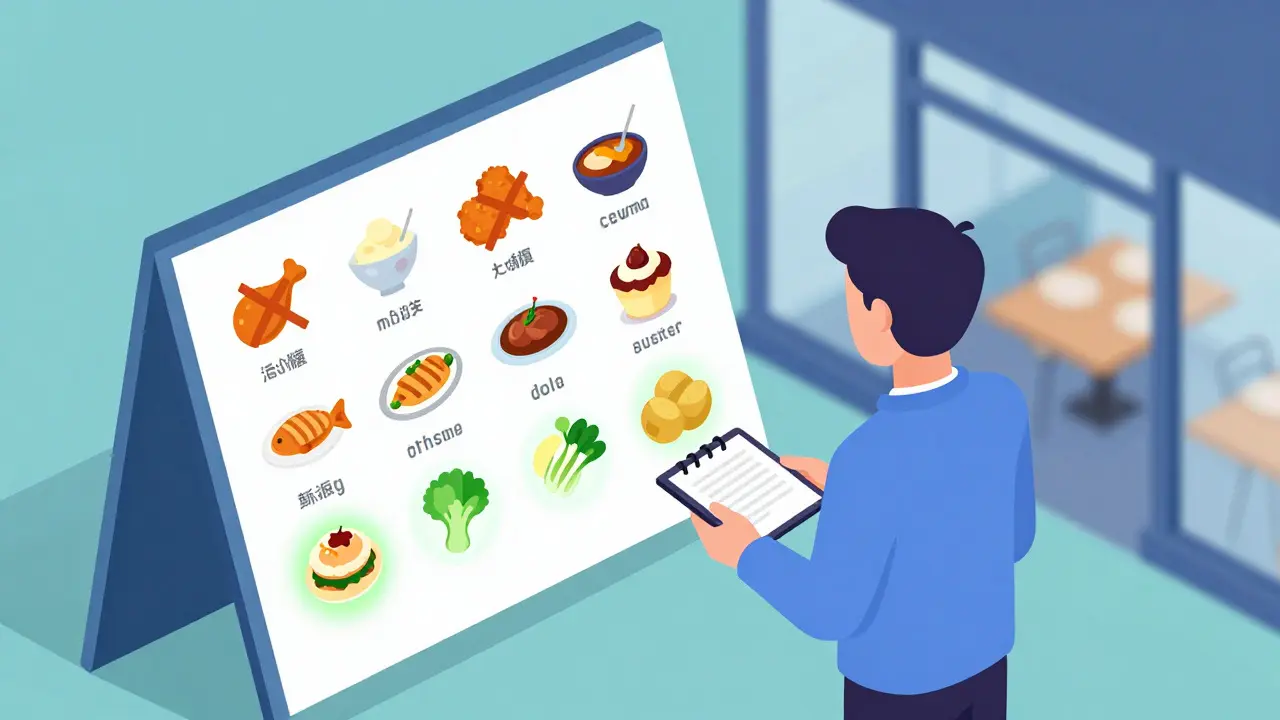 Isometric art of choosing grilled veggies over fried foods on a restaurant menu display.