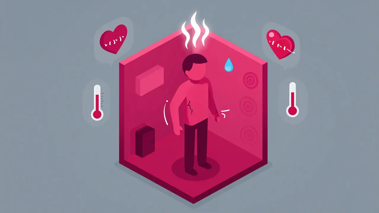 Isometric cartoon depicting abstract symptoms of serotonin syndrome like fever and tremors.