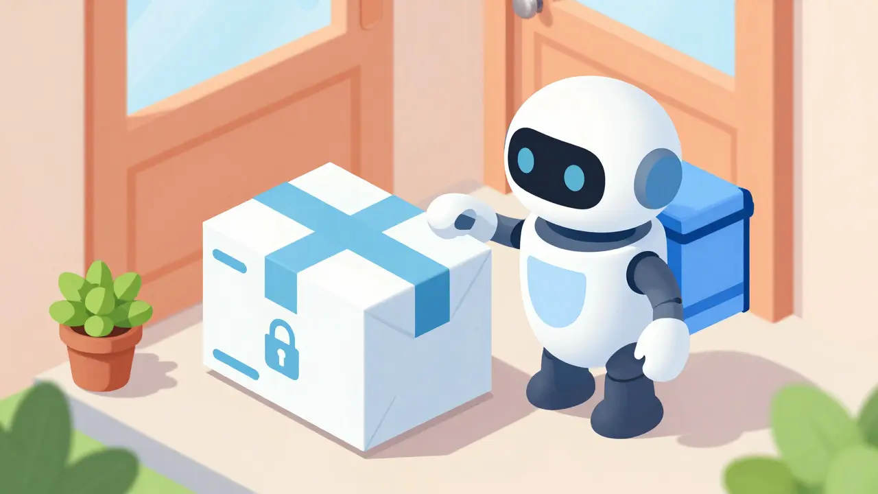 Isometric cartoon of discreet medication delivery at a doorstep