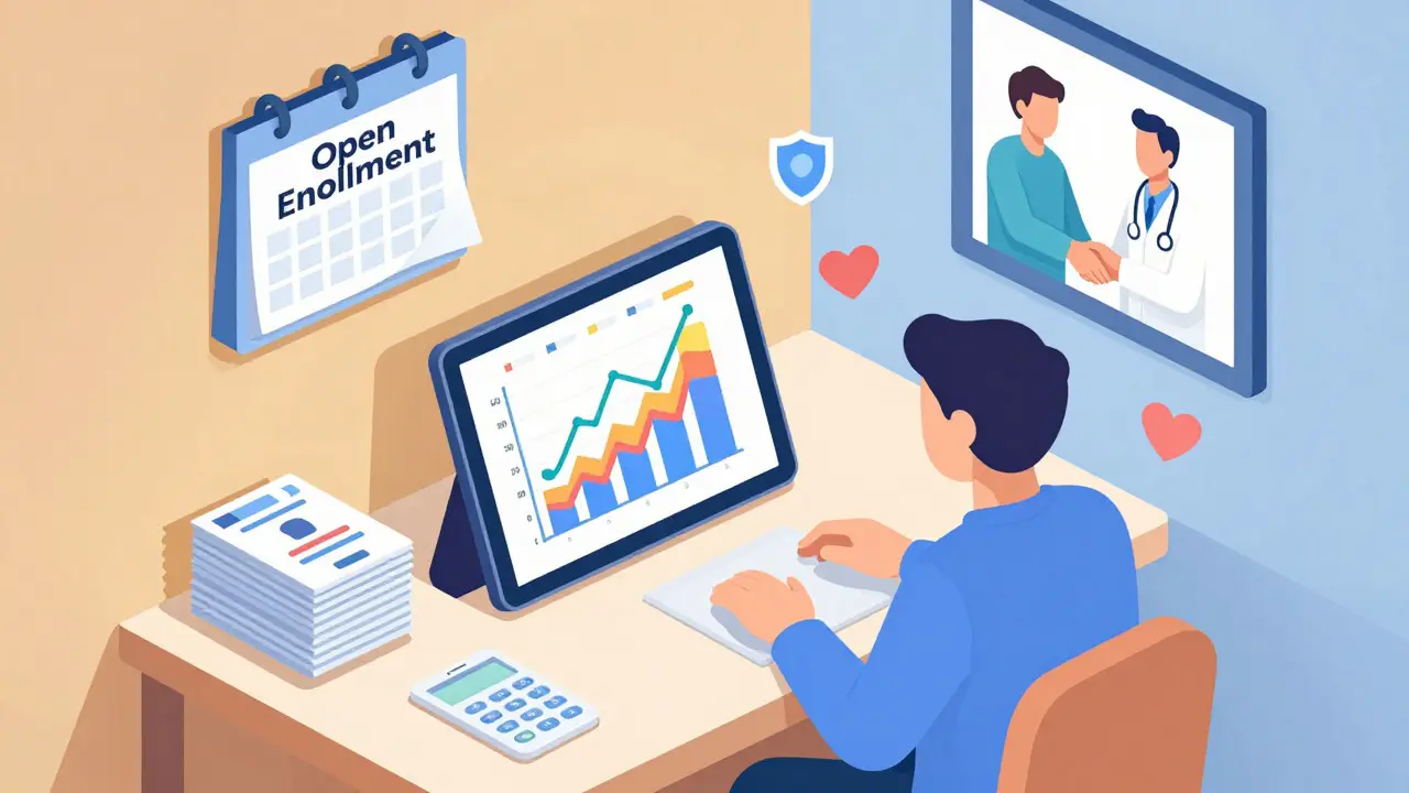 Isometric cartoon of patient reviewing insurance formulary on tablet at home