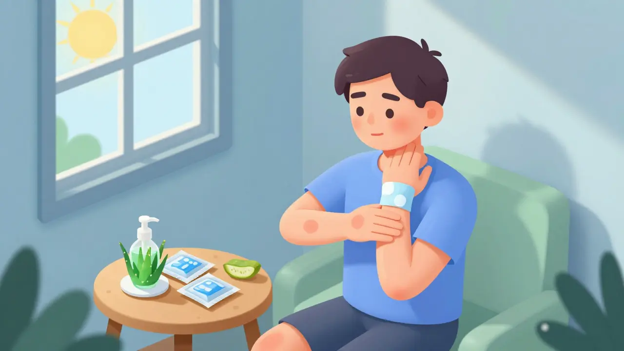 Isometric cartoon of person soothing sunburn with cool compresses
