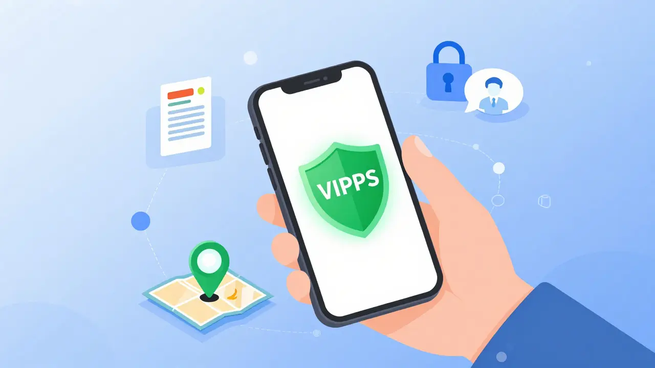 Isometric cartoon showing a smartphone with a glowing VIPPS seal and safety check icons around it.