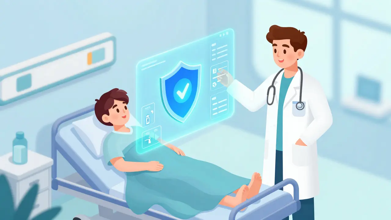 Isometric cartoon showing AI hologram assisting in patient safety checks
