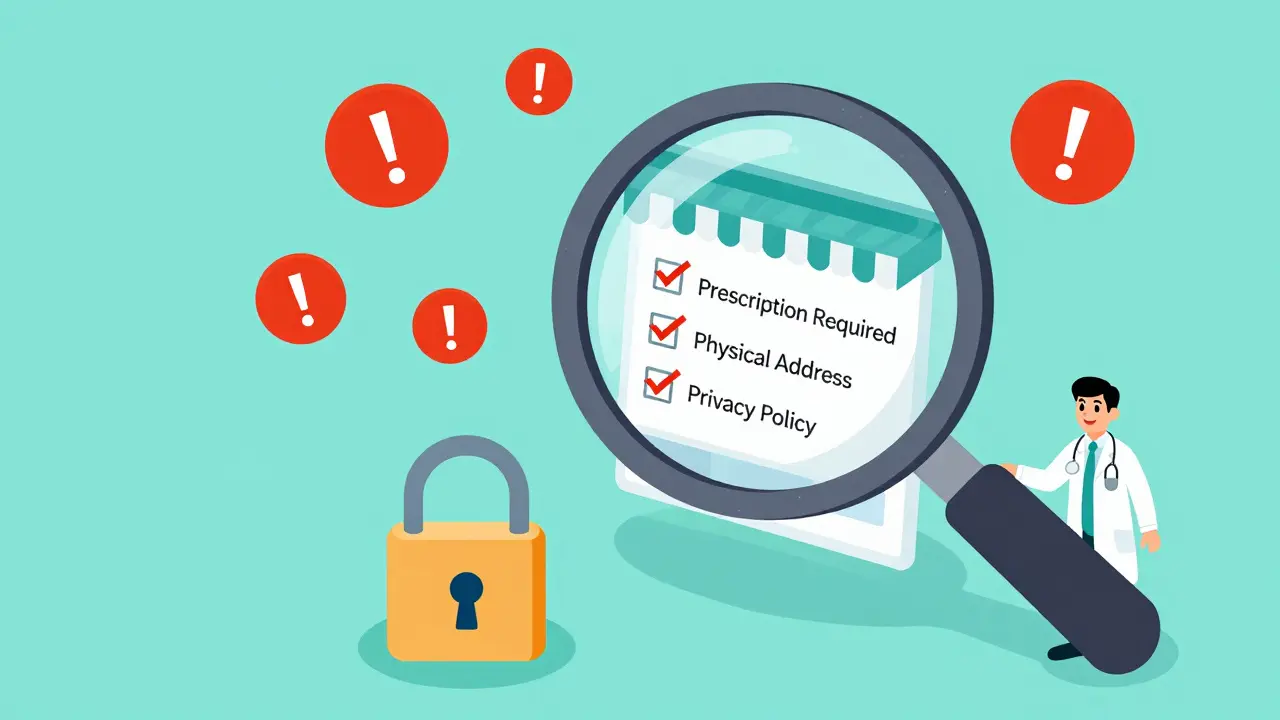 Isometric cartoon showing how to verify safe online pharmacies with a magnifying glass.