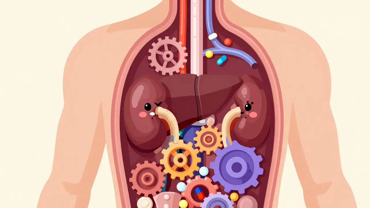 Isometric cartoon showing stylized internal organs processing pills, symbolizing age-related metabolism.