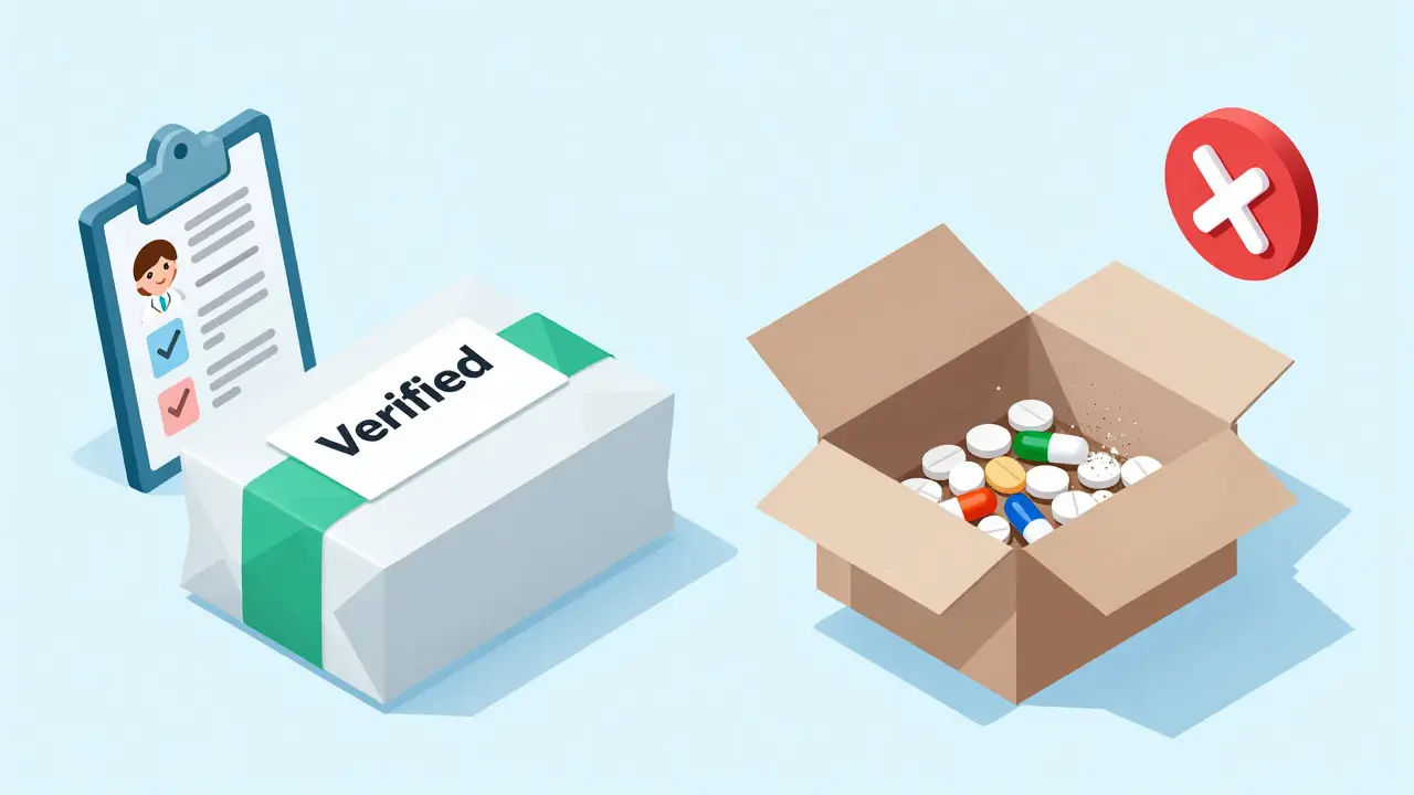 Isometric illustration comparing a verified medication package with a counterfeit one containing fake pills.