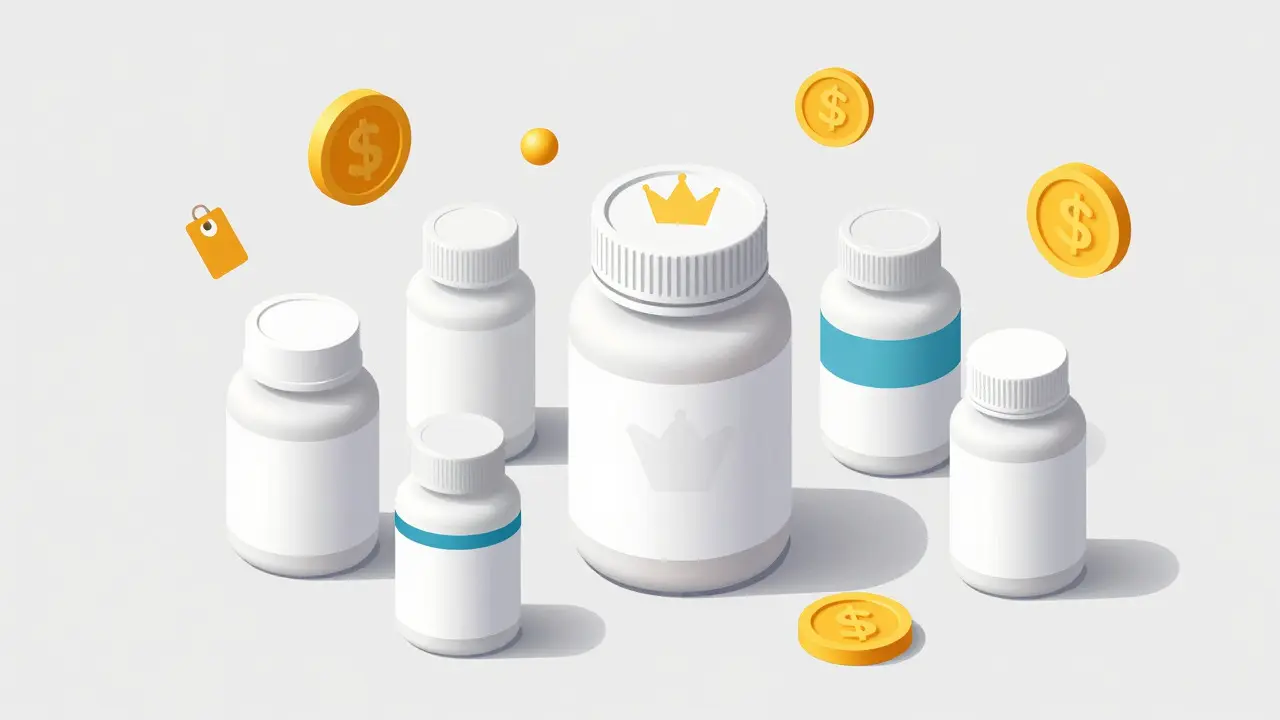 Isometric illustration comparing branded and generic birth control pills