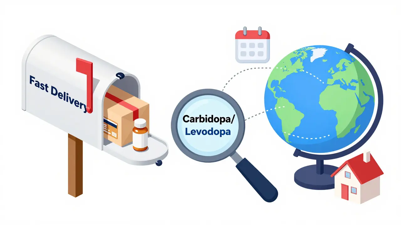 Isometric illustration comparing US fast delivery vs international shipping for meds.