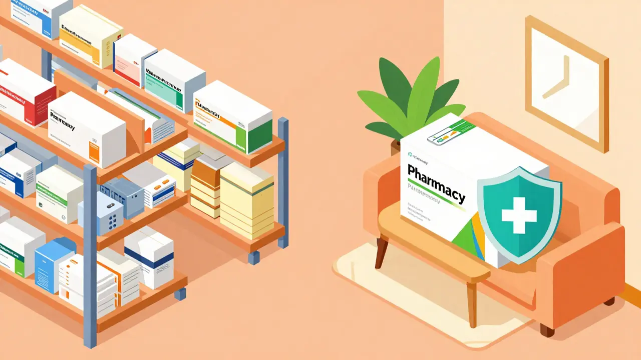 Isometric illustration comparing warehouse bulk buying and safe online delivery