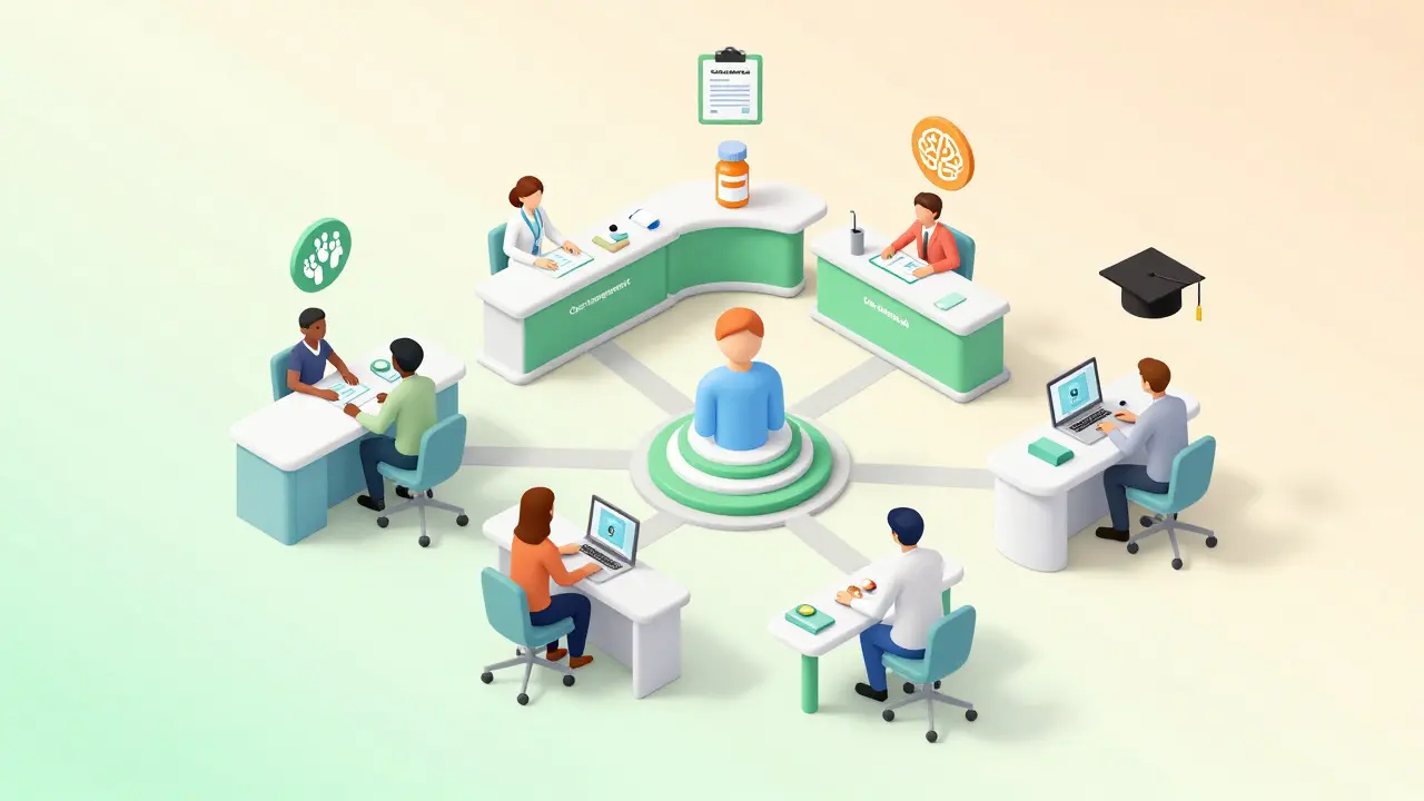 Isometric illustration of a coordinated specialty care medical team working together