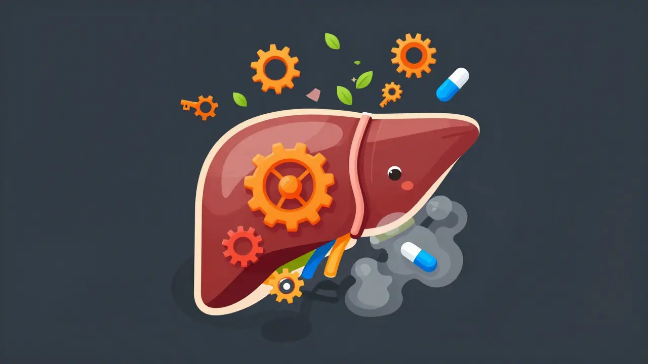 Isometric illustration of a liver with overactive enzymes processing herbs and meds.