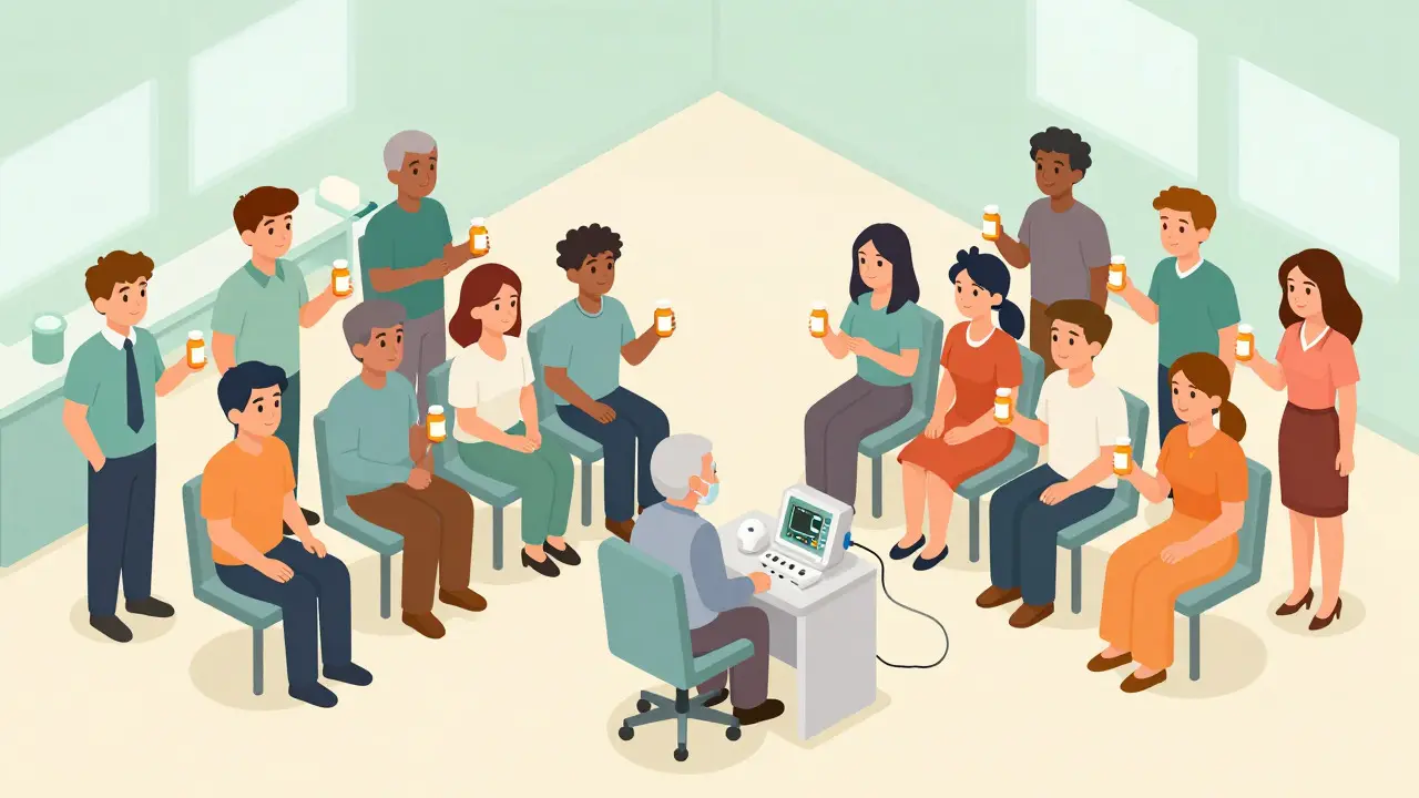 Isometric illustration of balanced clinical trial groups with men, women, and elderly participants.