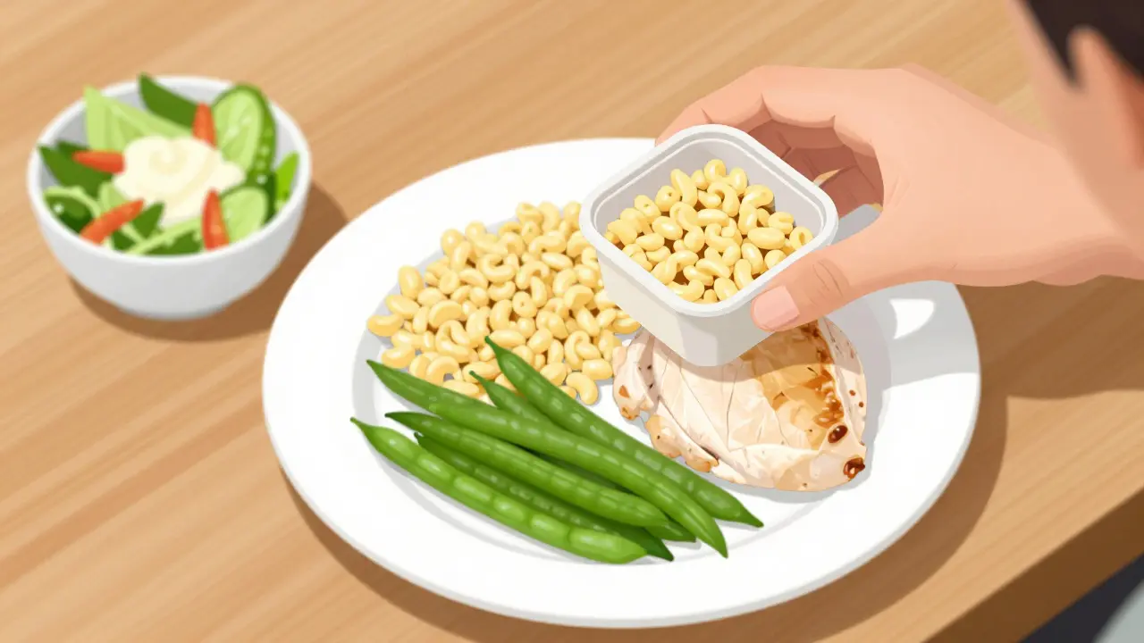 Isometric illustration of boxing half a meal for portion control at a restaurant table.