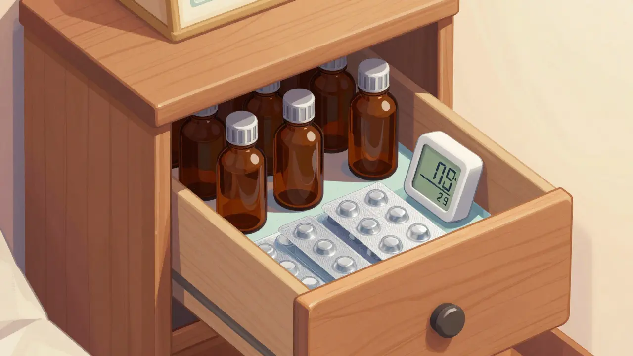 Isometric illustration of medications safely stored in a dry bedroom cabinet.
