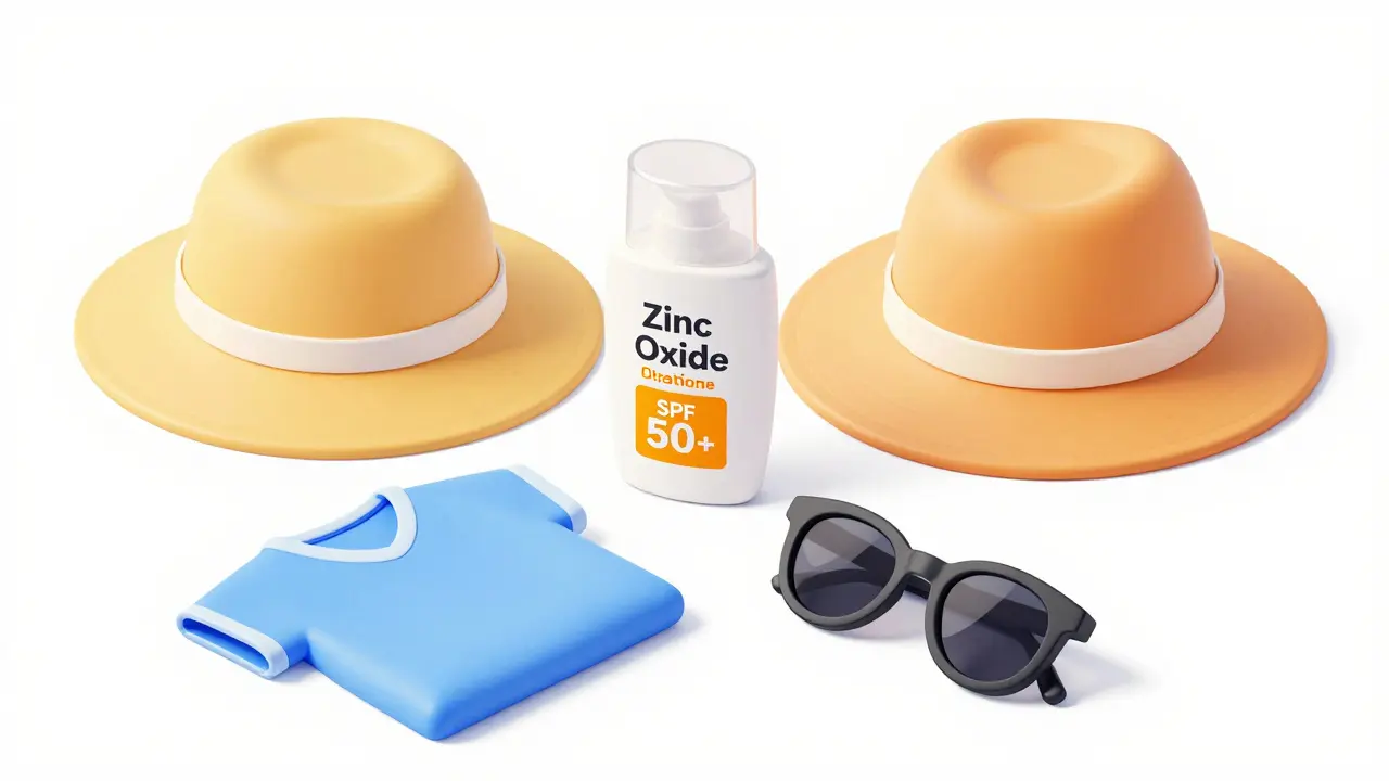 Isometric illustration of mineral sunscreen and protective gear
