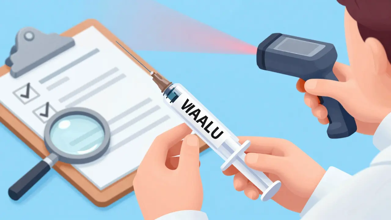 Isometric illustration of pharmacist verifying medication labels and barcodes