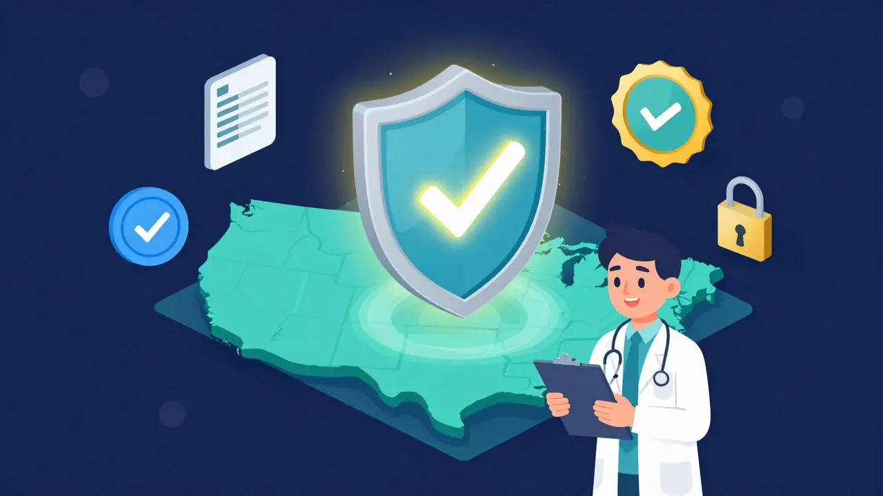 Isometric illustration of safety shields and verified seals for online pharmacies.