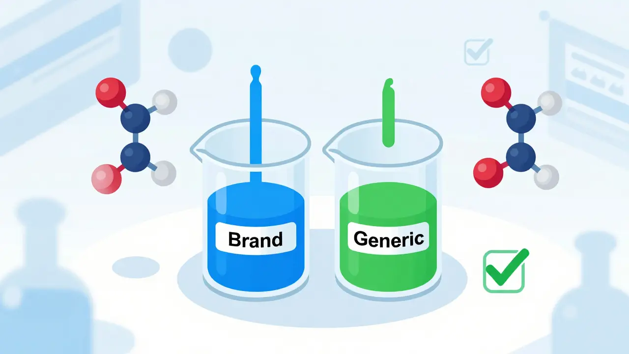 Isometric illustration of two beakers showing equal liquid levels for brand vs generic drugs