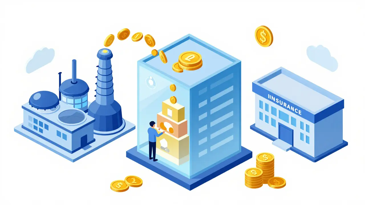 Isometric illustration showing PBMs managing drug rebates and tier placements