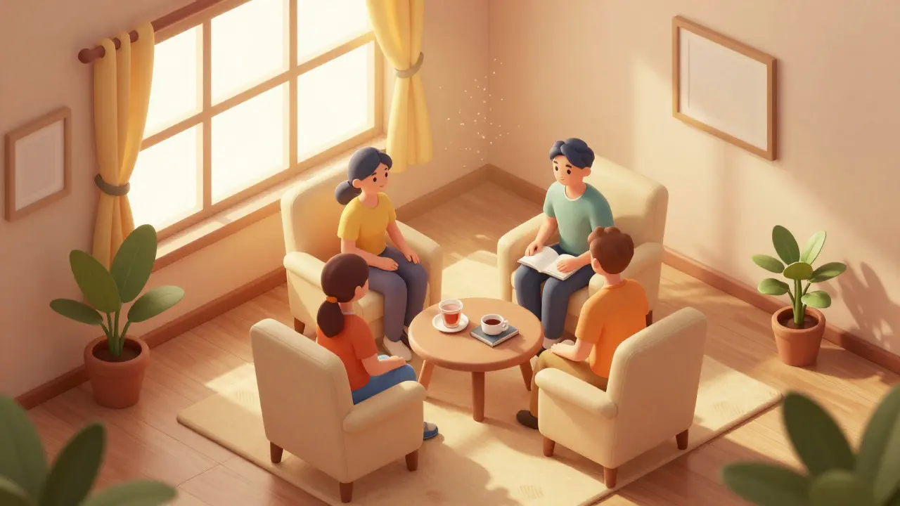 Isometric scene of a family providing supportive care in a warm living room