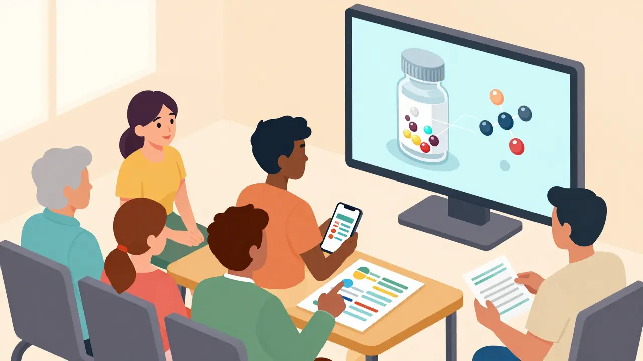 Isometric scene of diverse patients using infographics and AR tools to learn about generics