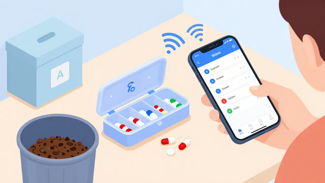 Isometric view of smart pill tracking and safe medication disposal methods.