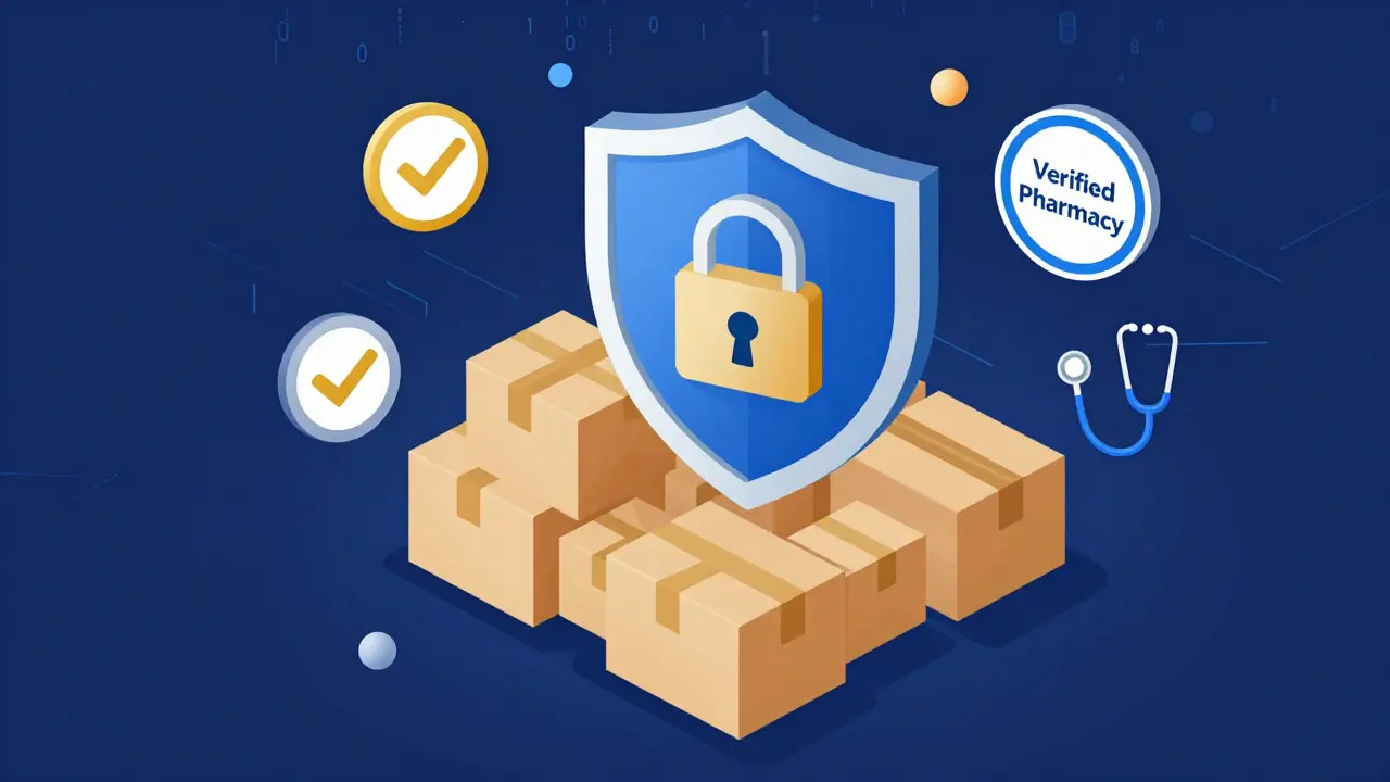 Secure packaging and verification shields for online pharmacy