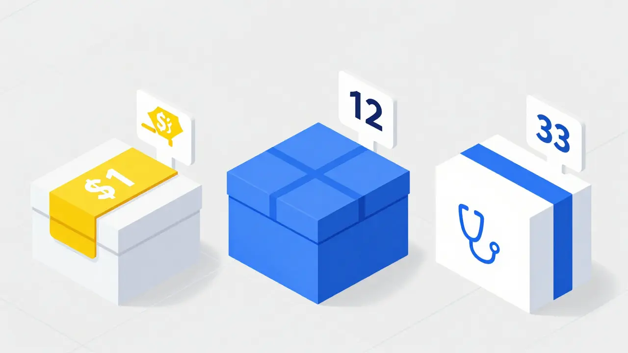 Three isometric boxes comparing coupon, bulk, and telemedicine pharmacy costs.