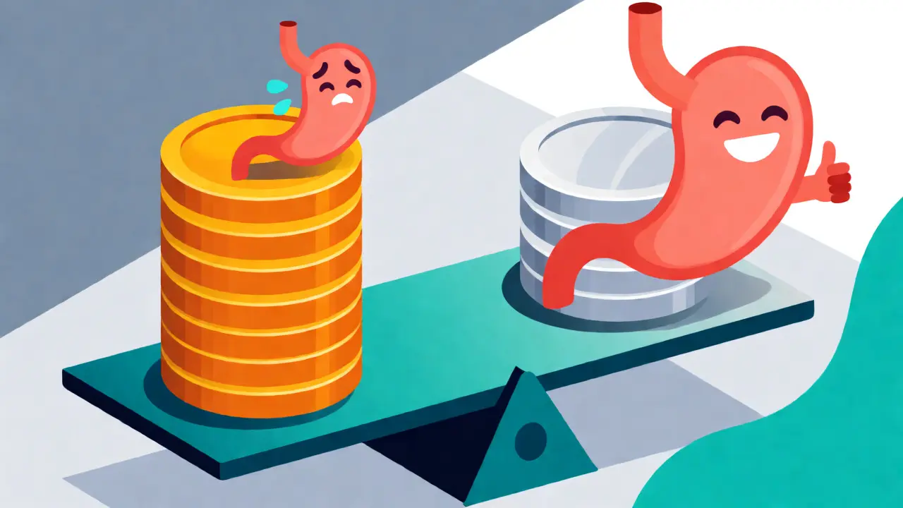 Balance scale weighing cost against stomach comfort for metformin formulations.