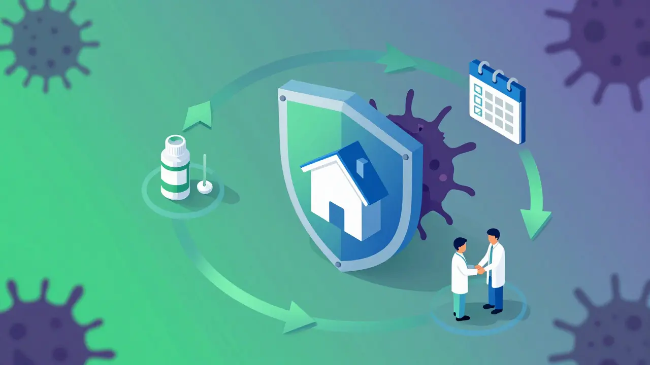 Conceptual isometric art showing a shield protecting a home from bacterial threats