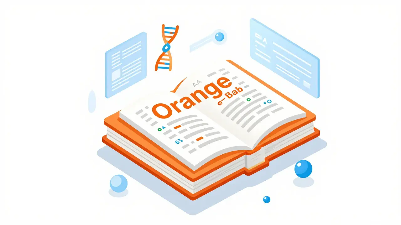 Floating Orange Book with therapeutic equivalence codes and science icons