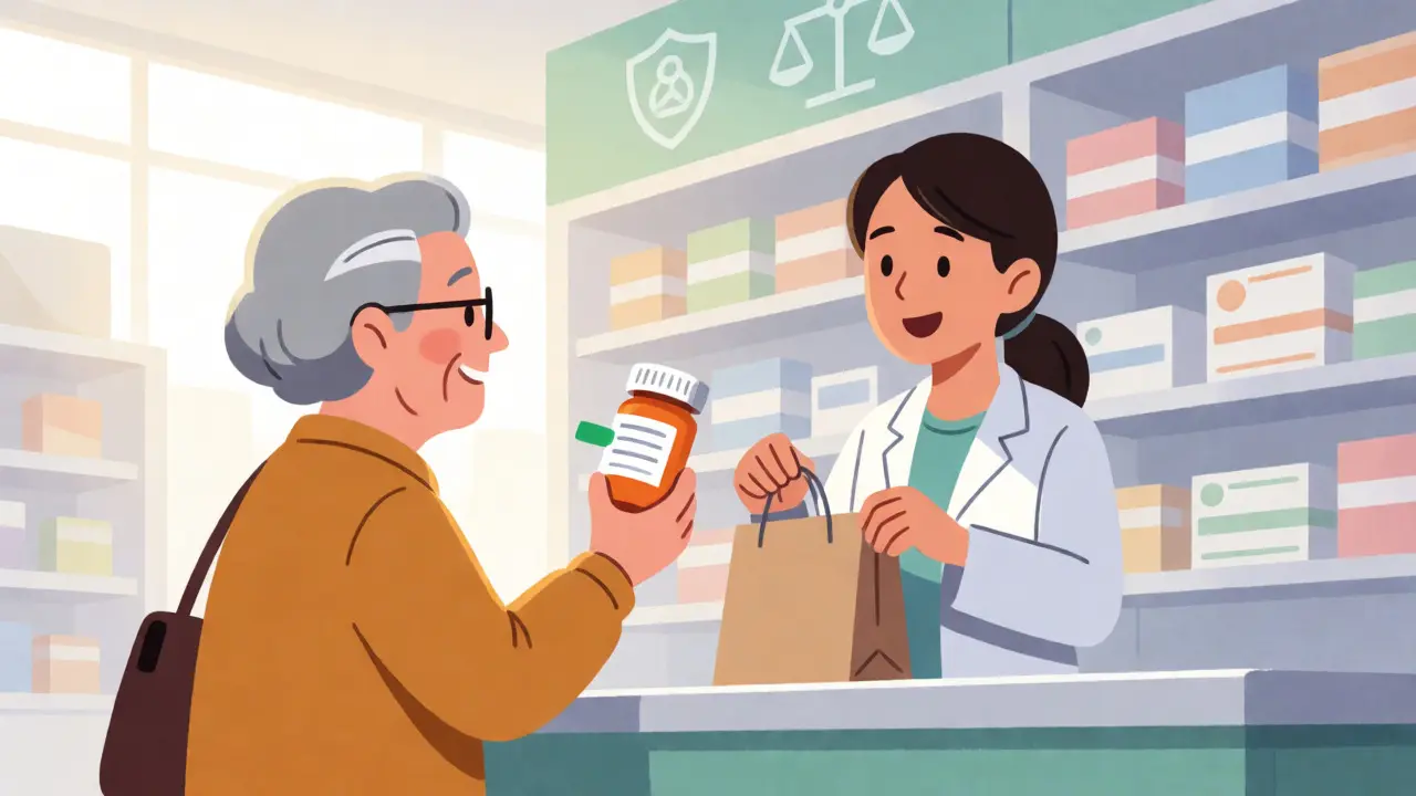 Happy patient receiving large print labeled medication from friendly pharmacist