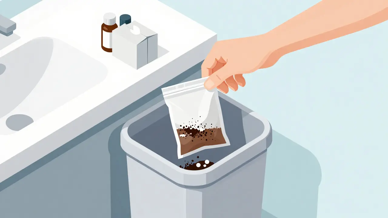 Illustration of safely disposing of leftover antibiotics in a sealed bag in the trash