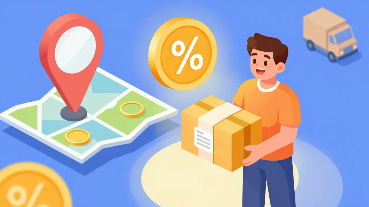 Isometric cartoon of happy customer holding medication package and saving money coins.