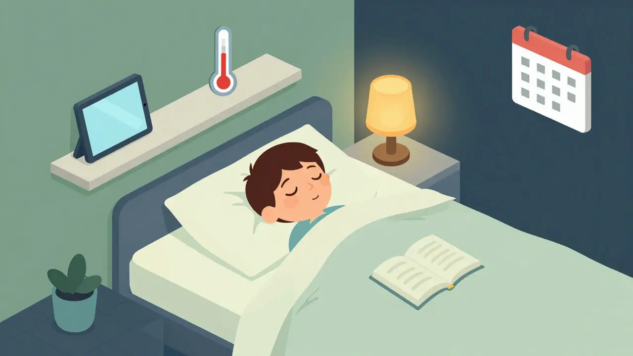 Isometric cartoon showing healthy sleep hygiene habits in a child's room
