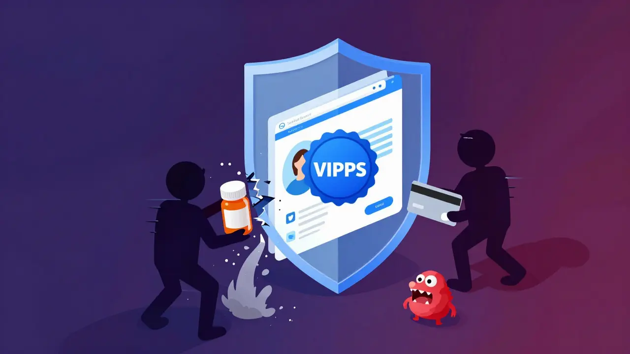 Isometric graphic showing secure pharmacy site protected from scams