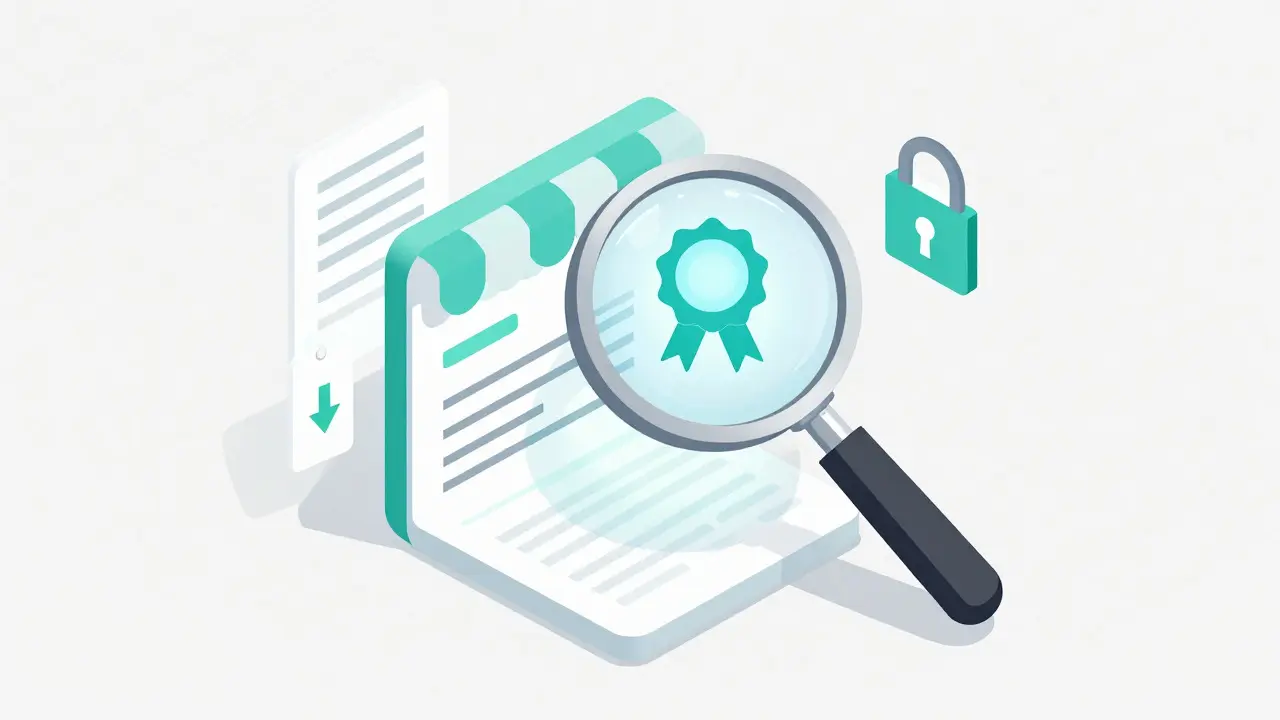 Isometric illustration of a magnifying glass inspecting an online pharmacy badge for safety and verification