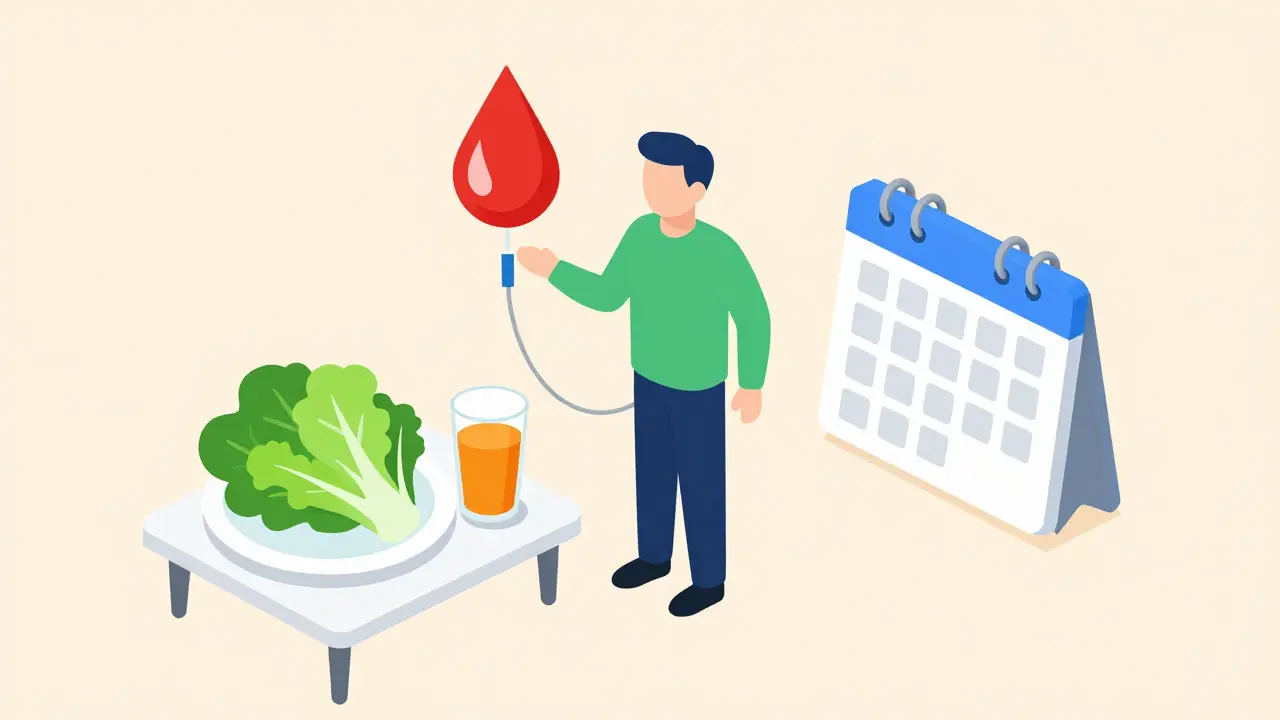 Isometric illustration of a person monitoring blood levels alongside healthy food items
