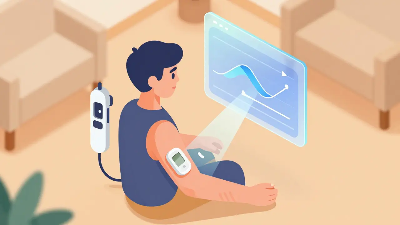 Isometric illustration of a person using a CGM and tech for diabetes care
