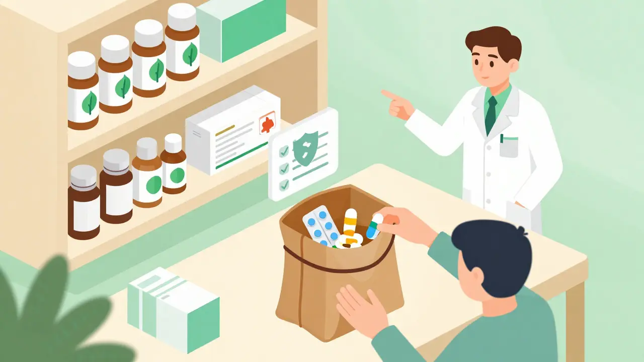 Isometric illustration of organizing medications into a brown bag for review