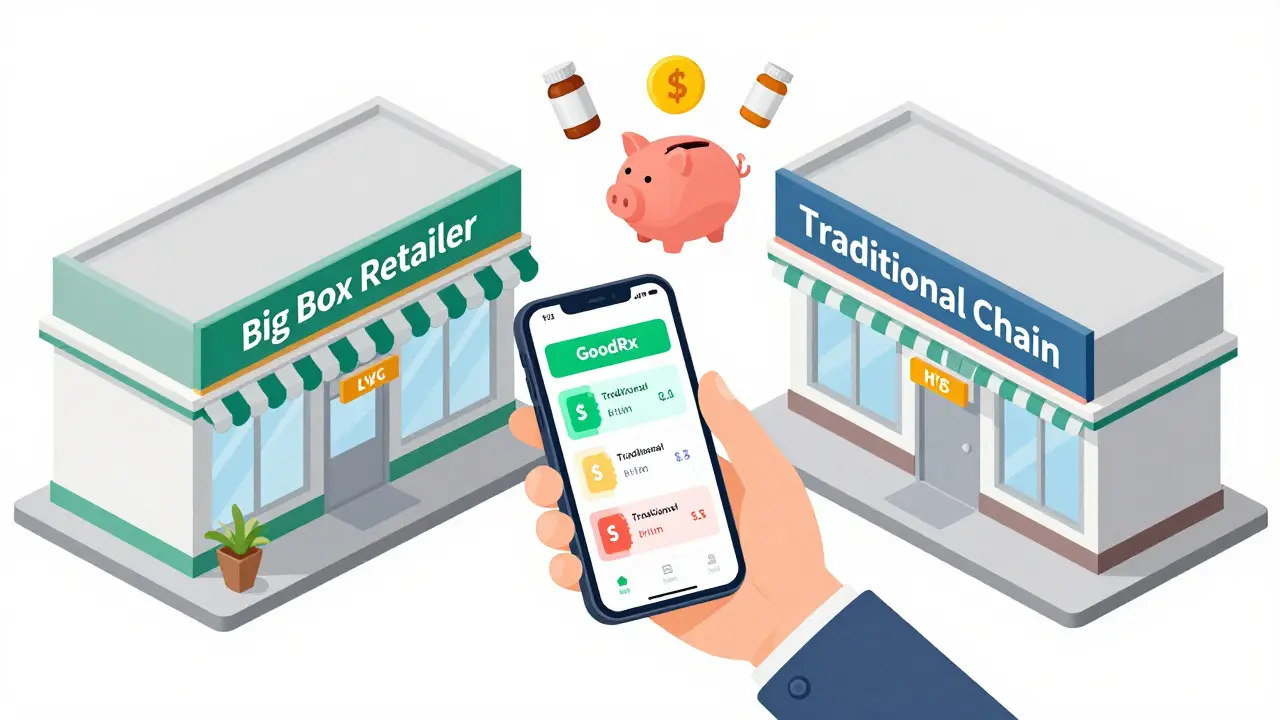 Isometric illustration of using discount apps to compare pharmacy prices for generic isotretinoin.