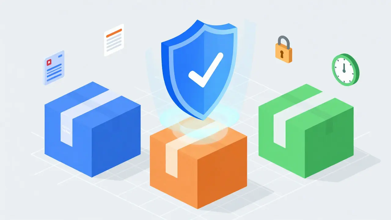 Isometric illustration showing safe online pharmacy options with verified medicine boxes.