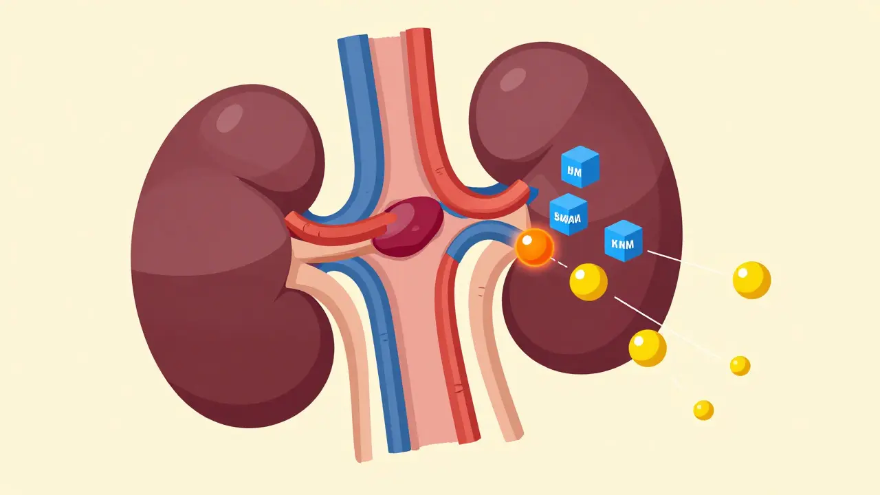 Isometric medical illustration of kidneys retaining sodium due to licorice