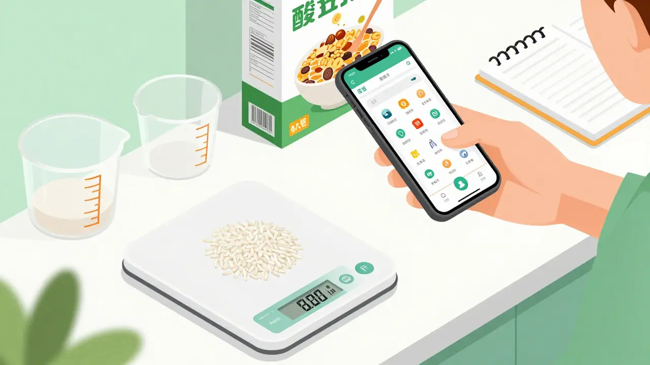 Isometric view of a kitchen scale and smartphone used for tracking meal carbs