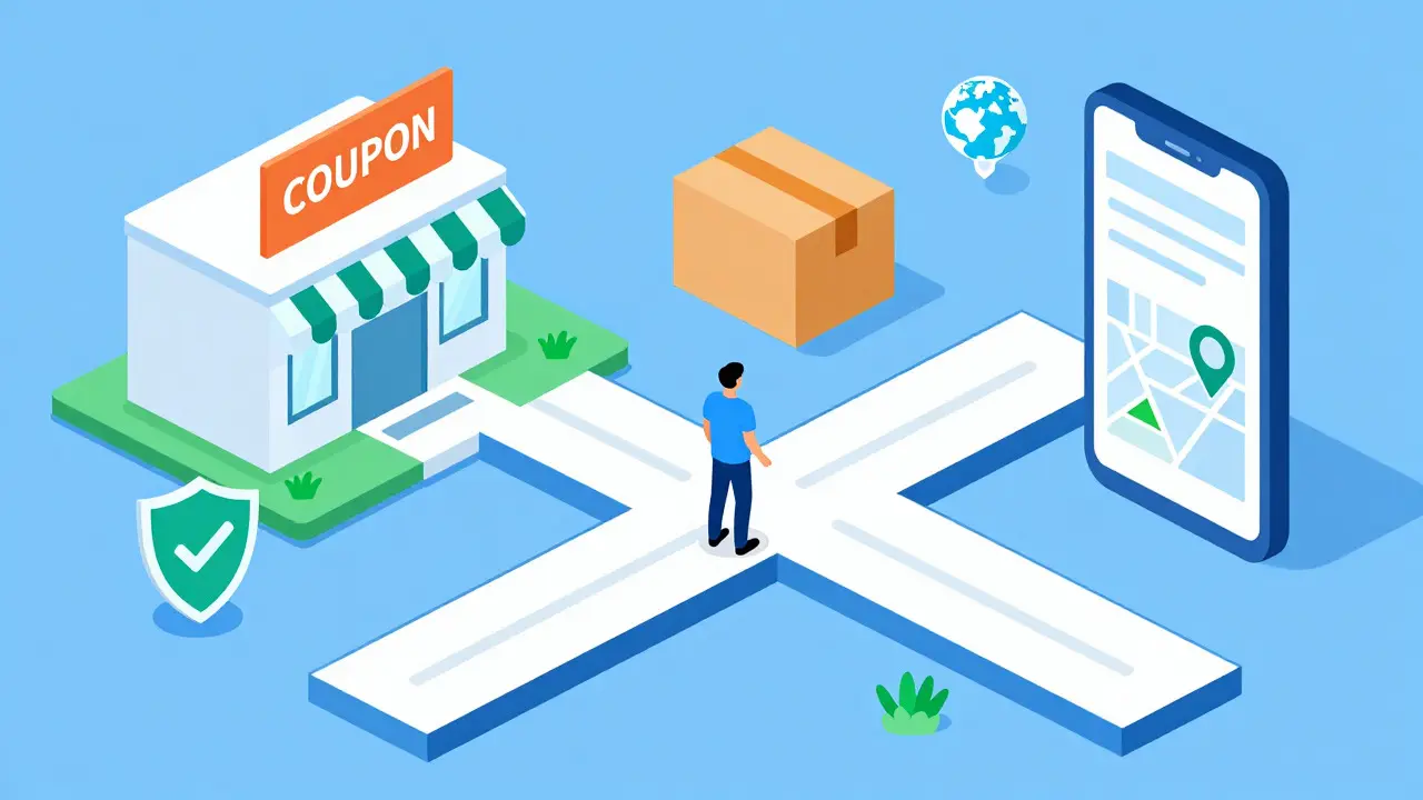 Isometric view of a person choosing between local pharmacy pickup and online shipping paths for medication