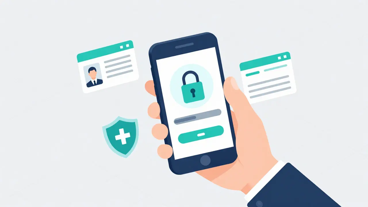 Isometric view of a secure online pharmacy order with verification icons and a smartphone