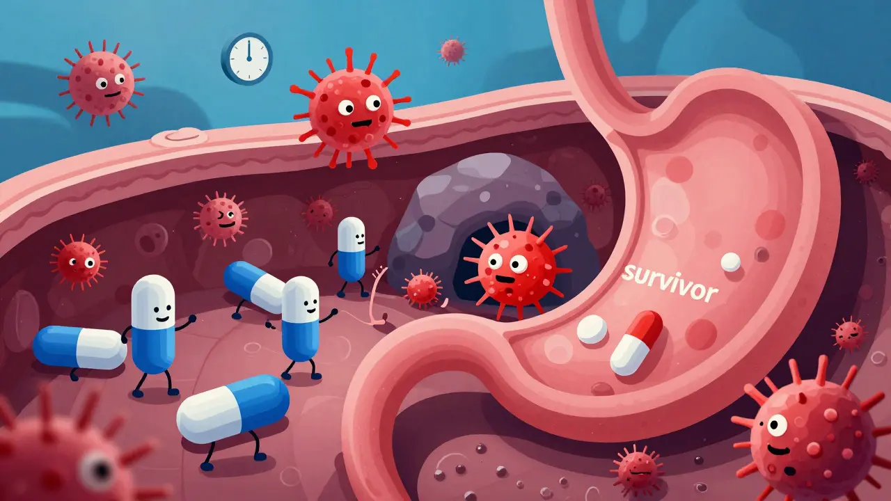 Isometric view of antibiotic pills fighting bacteria inside a stomach