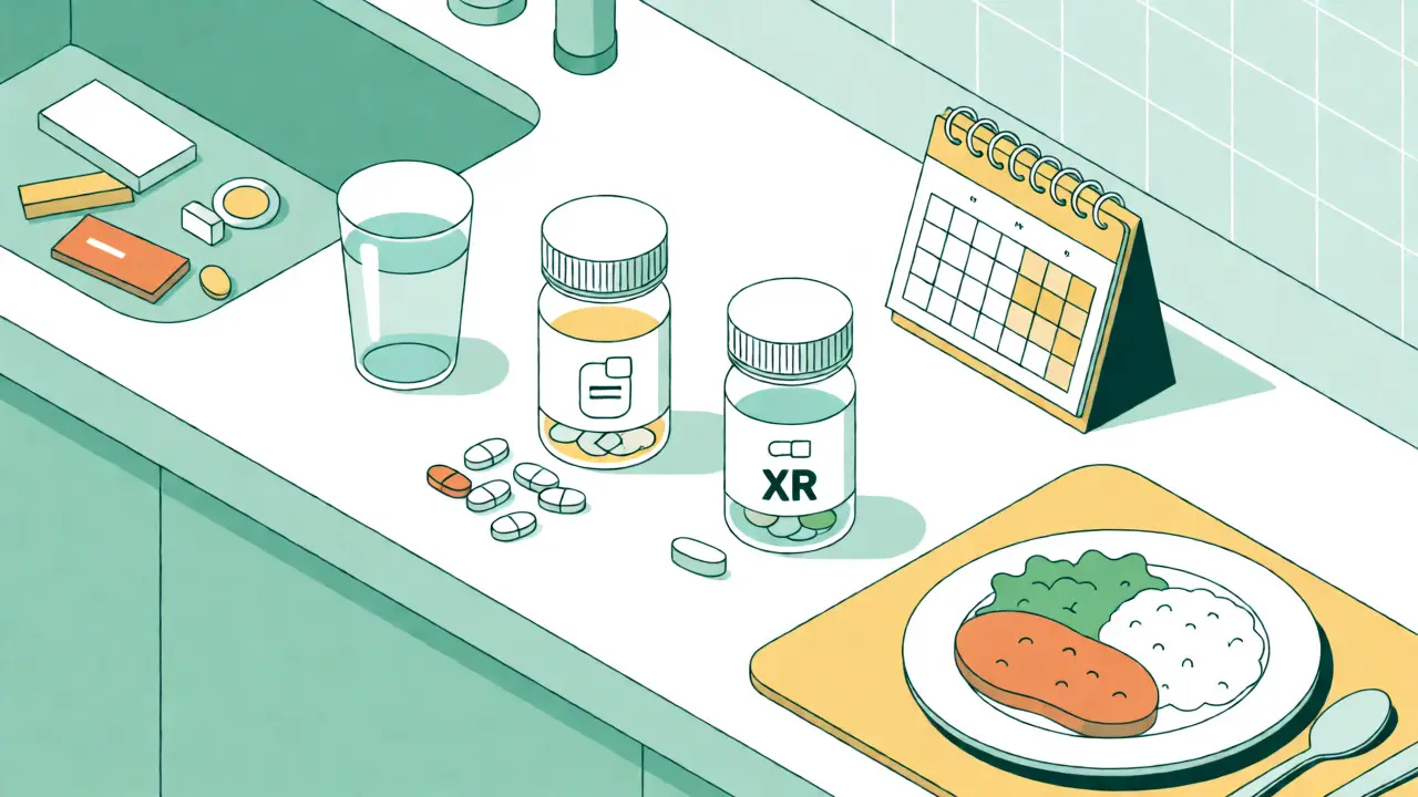 Kitchen counter scene showing metformin IR and XR bottles with food and water.