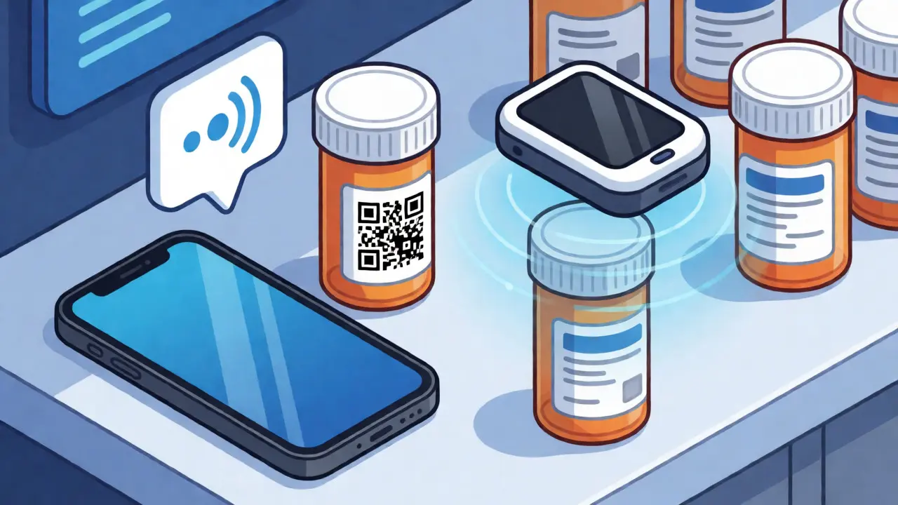 Smartphone and RFID reader devices scanning prescription bottles for audio info