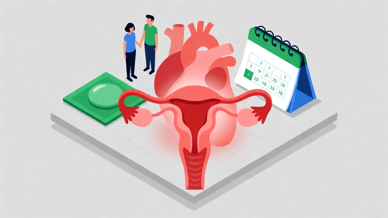Conceptual isometric art showing reproductive health risks and prevention methods.